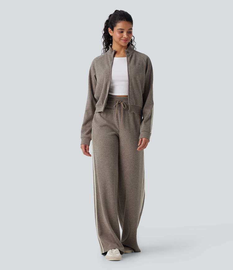 Pantalon Décontracté Taille Haute Avec Cordon Ajustable, Jambes Larges Et Blocs De Couleur, Doté De Poches Et D’un Contrôle Du Ventre