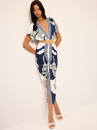 Robe Midi Imprimée Avec Décolleté En V Profond Et Sans Ceinture